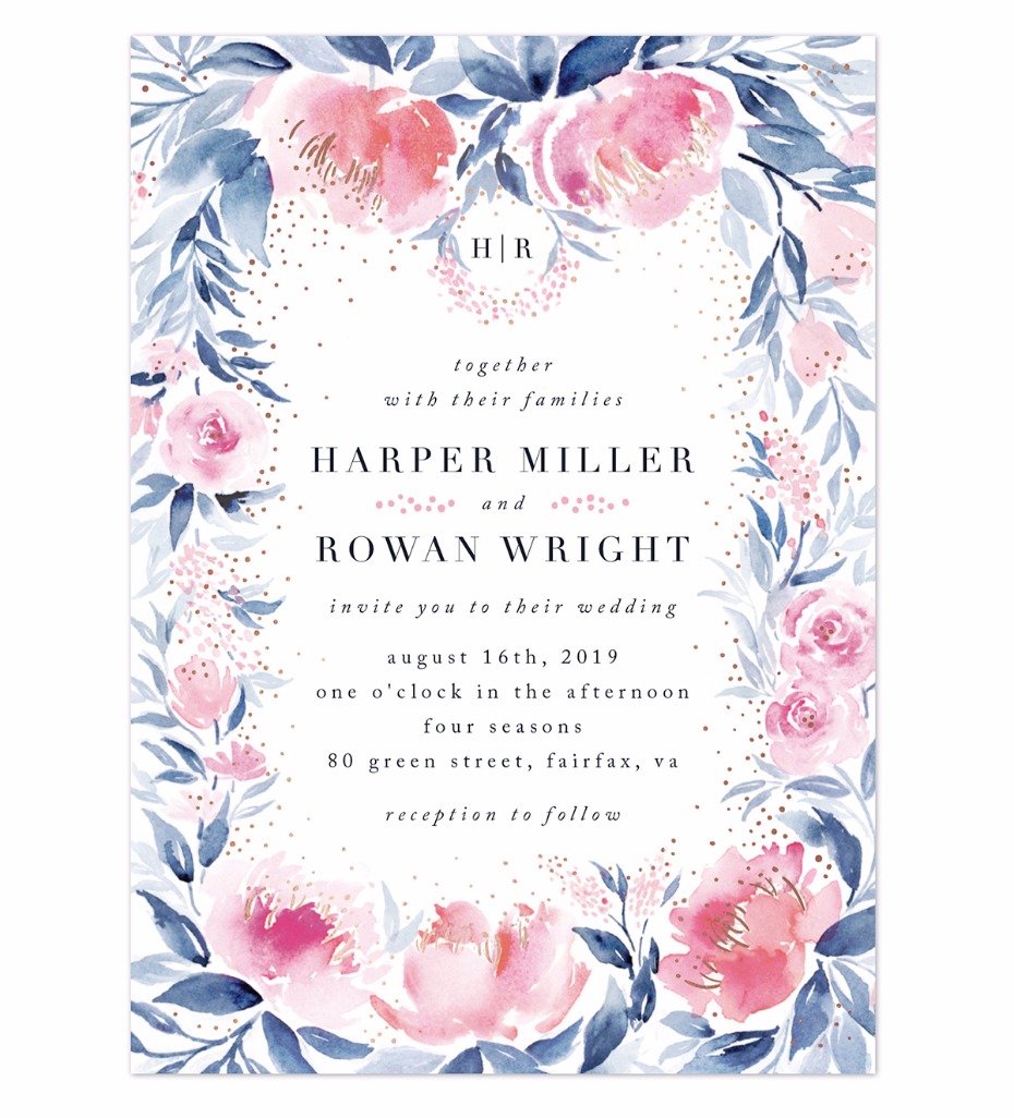 pink and blue watercolor floral invite with specs of gold from Minted