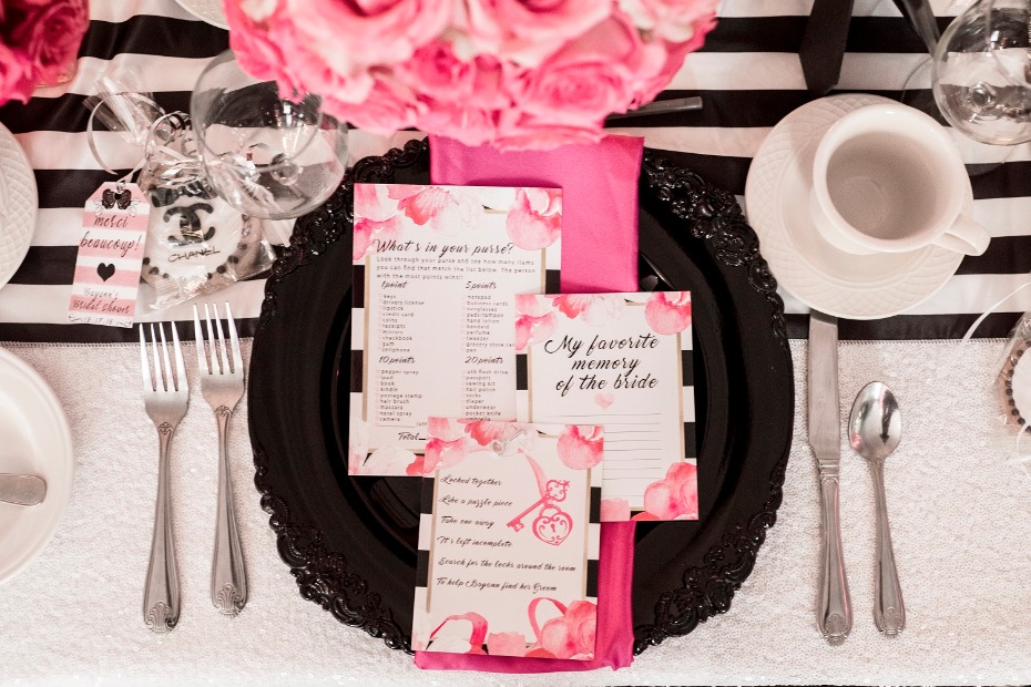 Black white and pink table decor