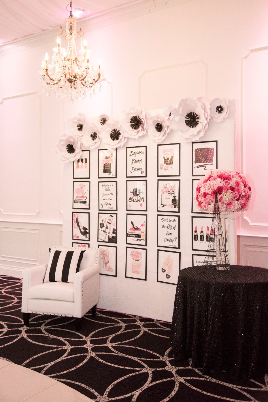 Elegant bridal shower decor with chic black and white theme