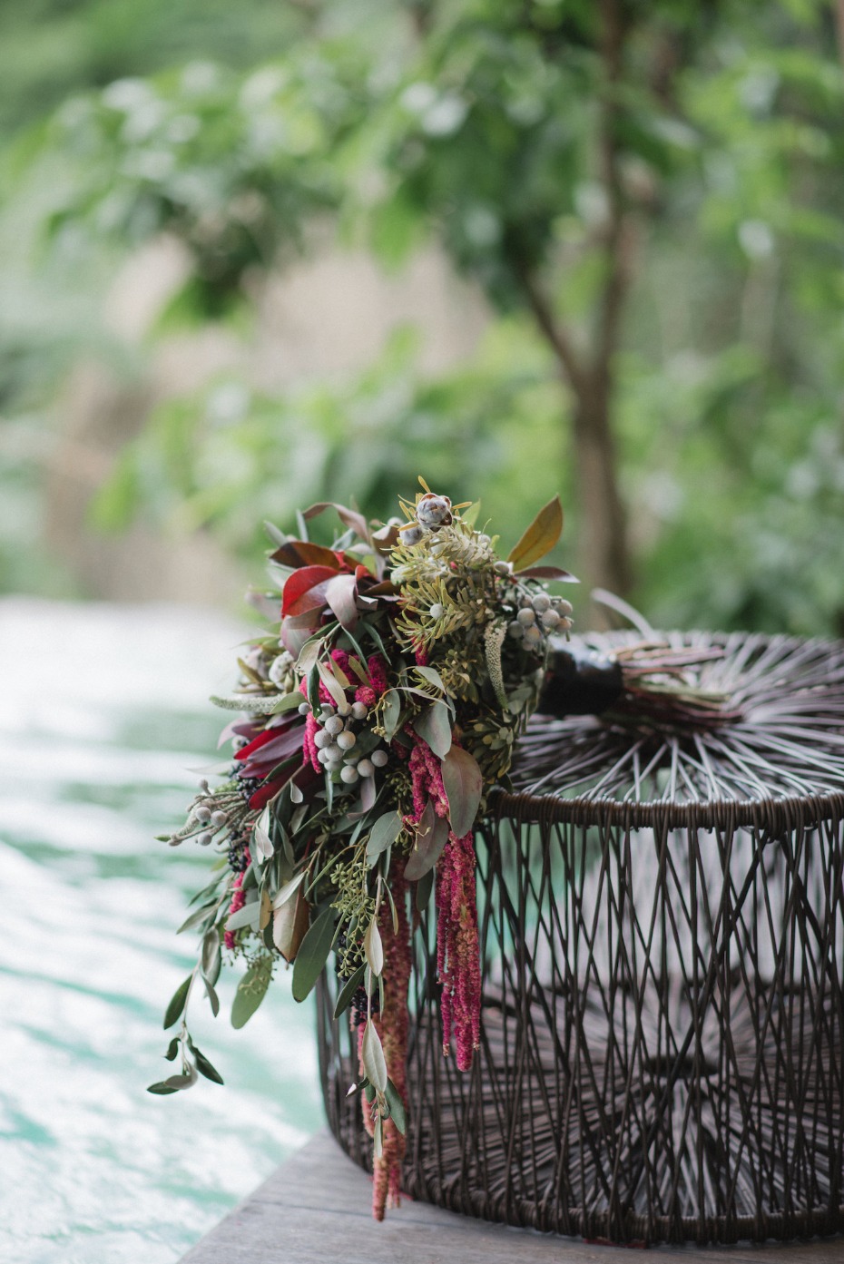 tropical green and red wedding bouquet