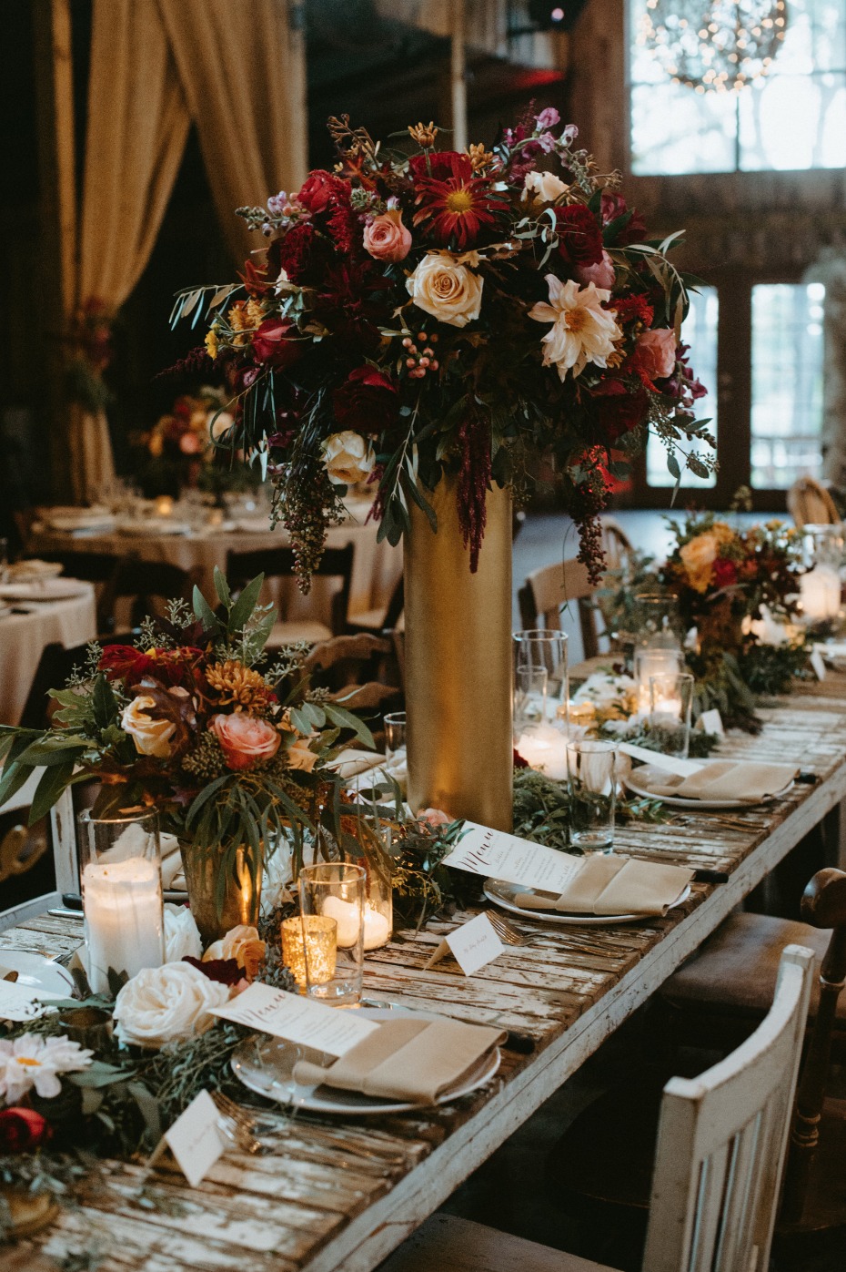 Gold vases and fall florals