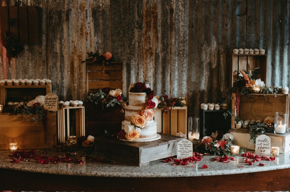 Moody fall dessert table with rustic crates