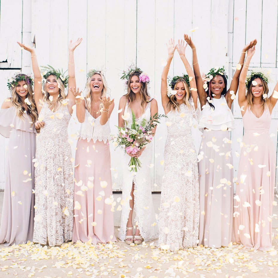 dusty rose brides dresses paired with lace maid of honor dresses