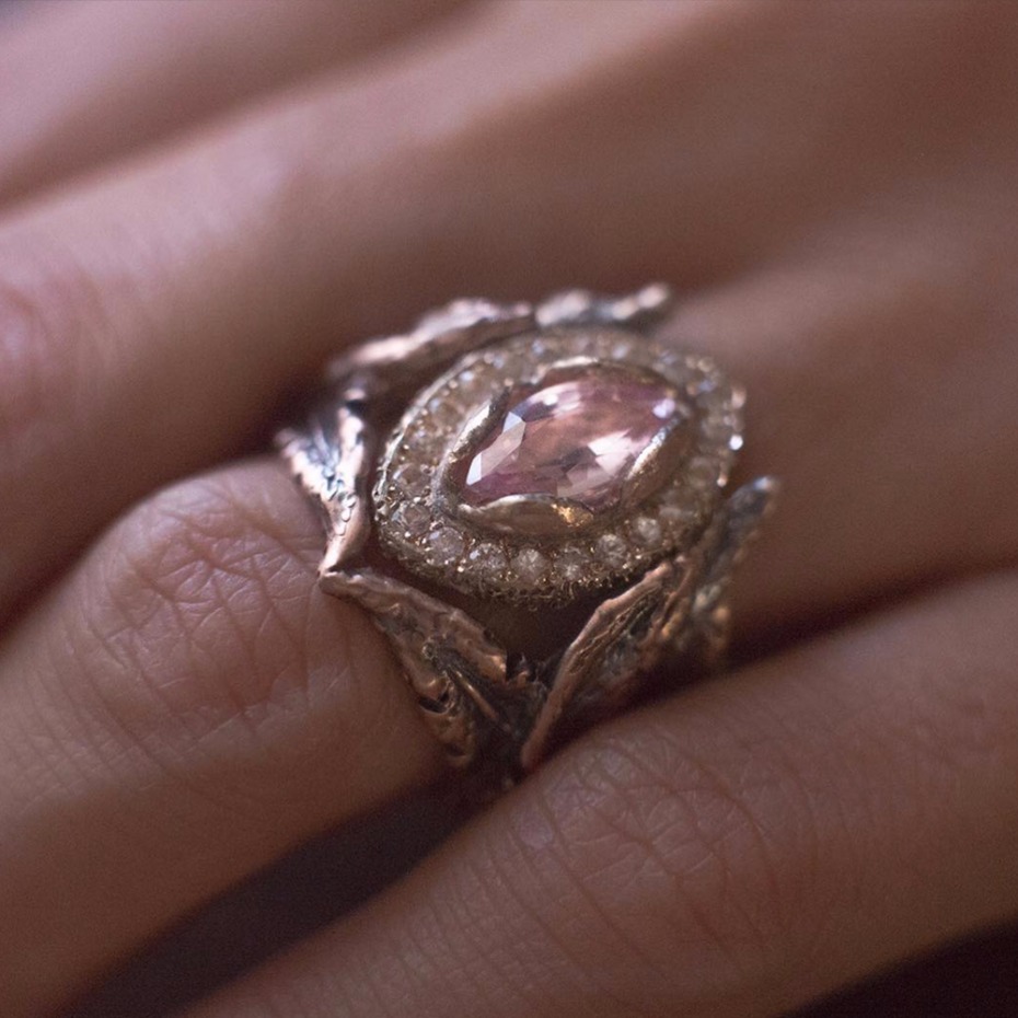 A close-up of the Rhodes Wedding Co.2 piece engagement ring + wedding band