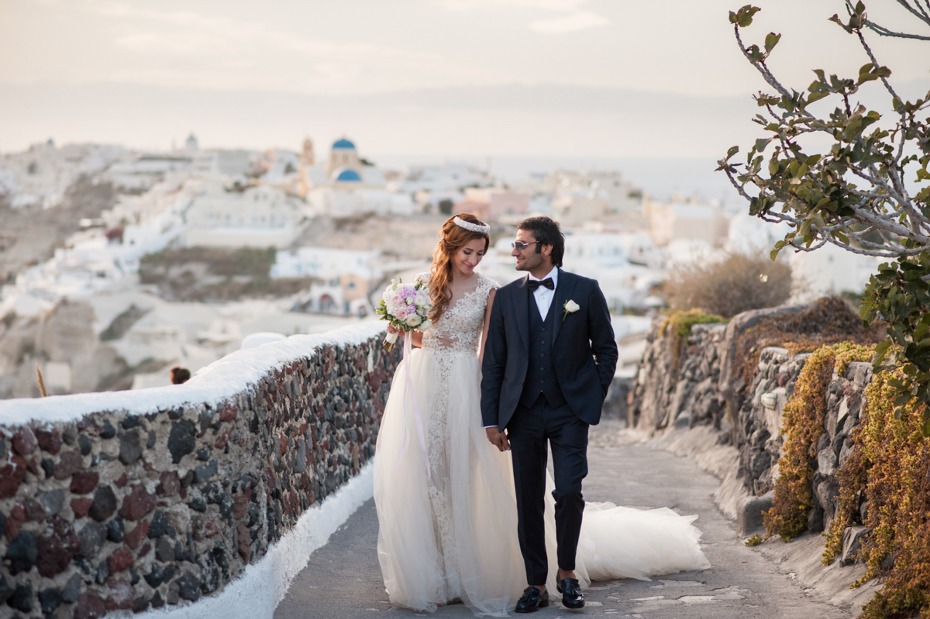 Bride and groom get married in Santorini