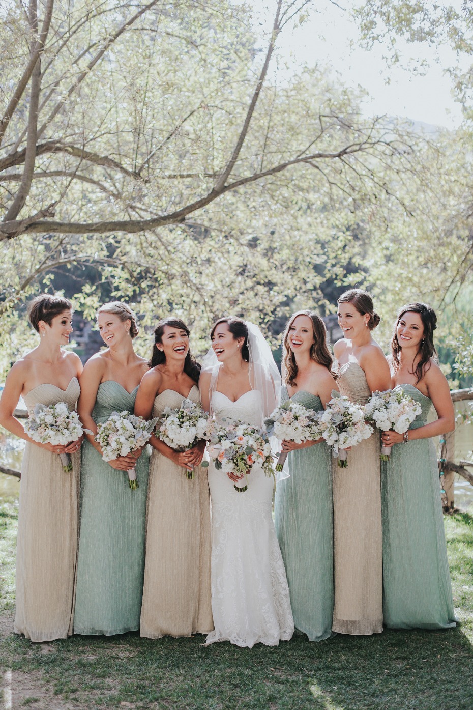 bridesmaids in champagne and mint dresses