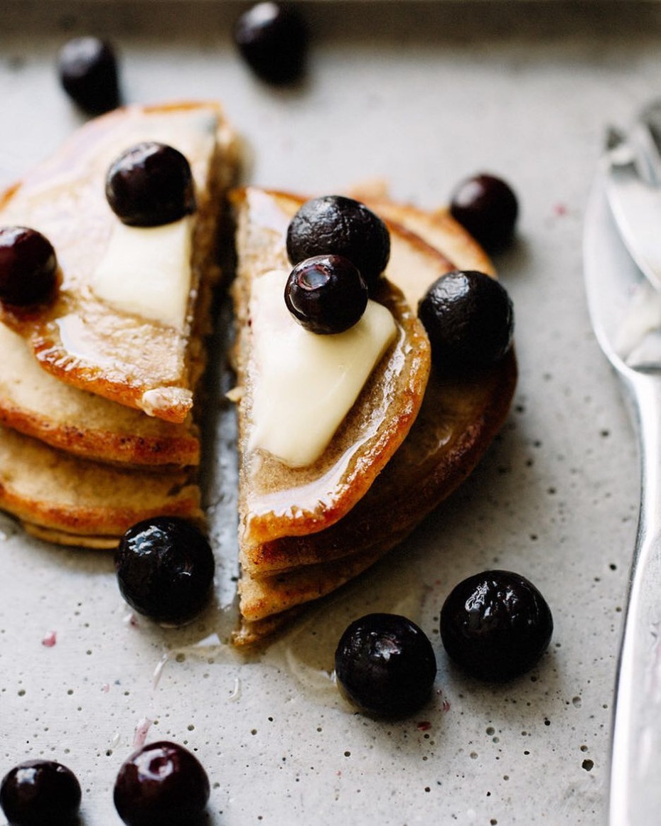 Pancakes with blueberries and butter for breakfast