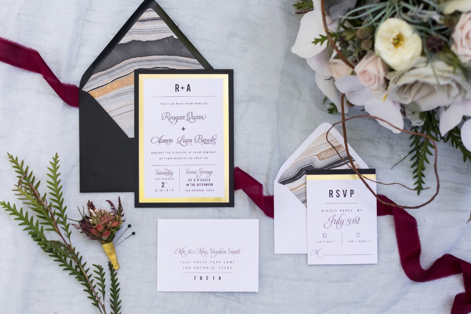 gold black and white wedding invitations