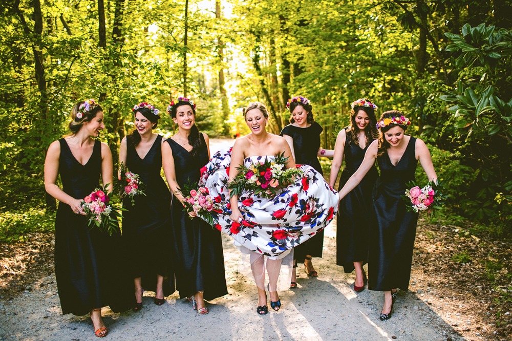 Colorful florals and black bridesmaid dresses