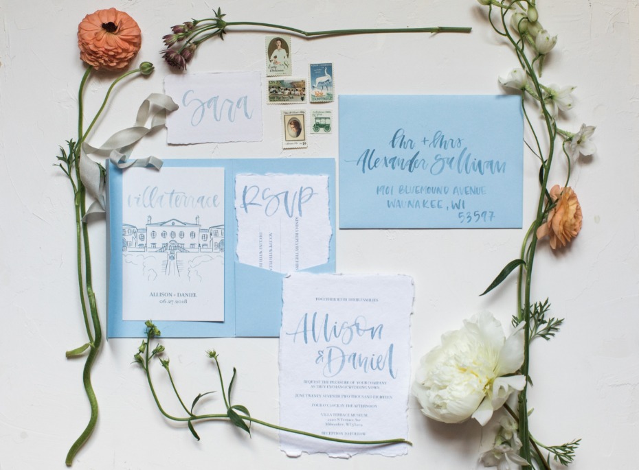 blue and white watercolor wedding invitation