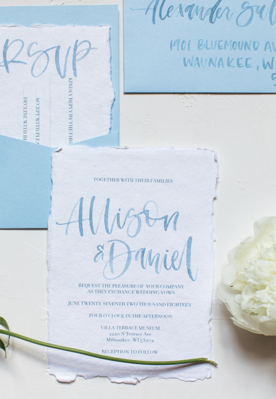 blue and white watercolor wedding invitation