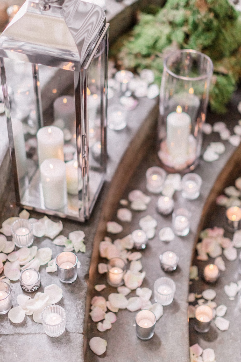 silver candlelit lantern flower petal staircase