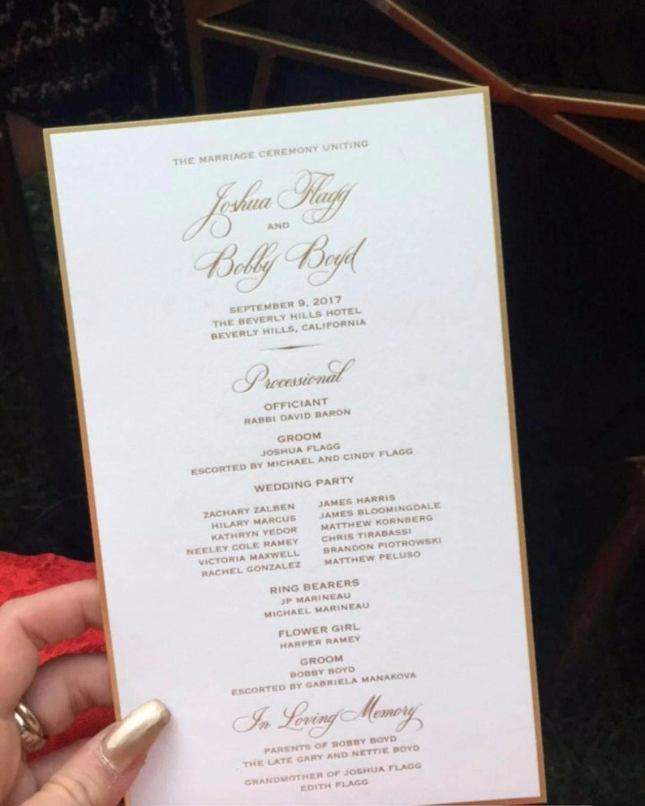 Josh Flagg's wedding program Beverly Hills Hotel