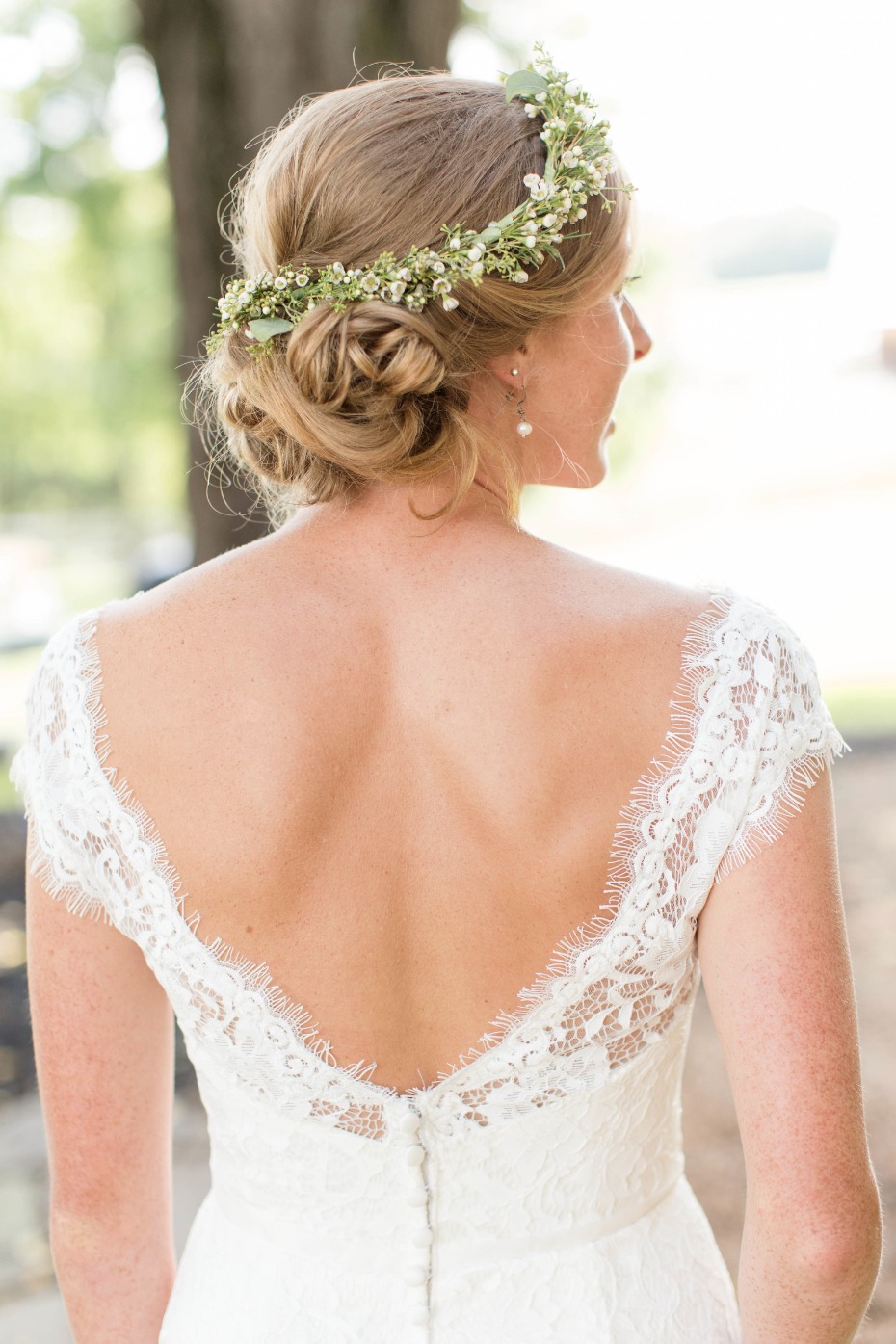 simple mint and white flower crown paired with an antique lace dress