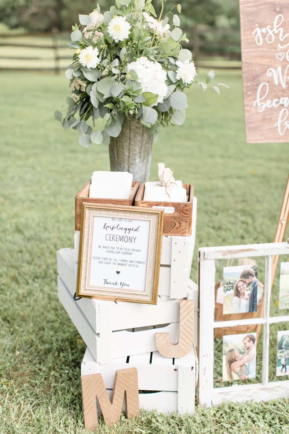 unplugged ceremony sign in a vintage frame