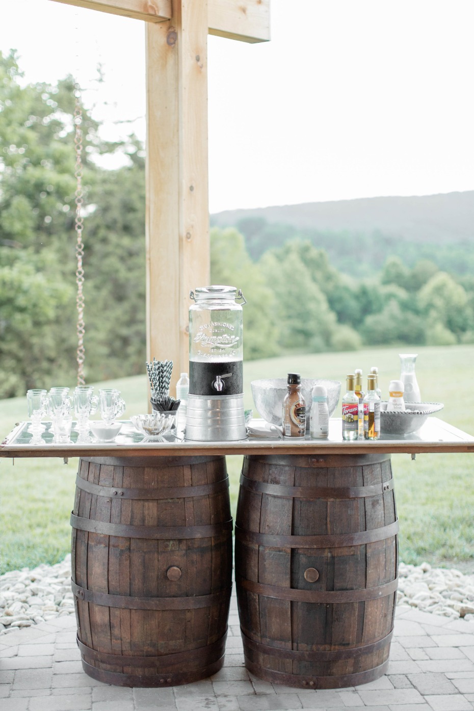 Wedding food station idea. Iced Coffee Bar with striped straws, syrups and creamers