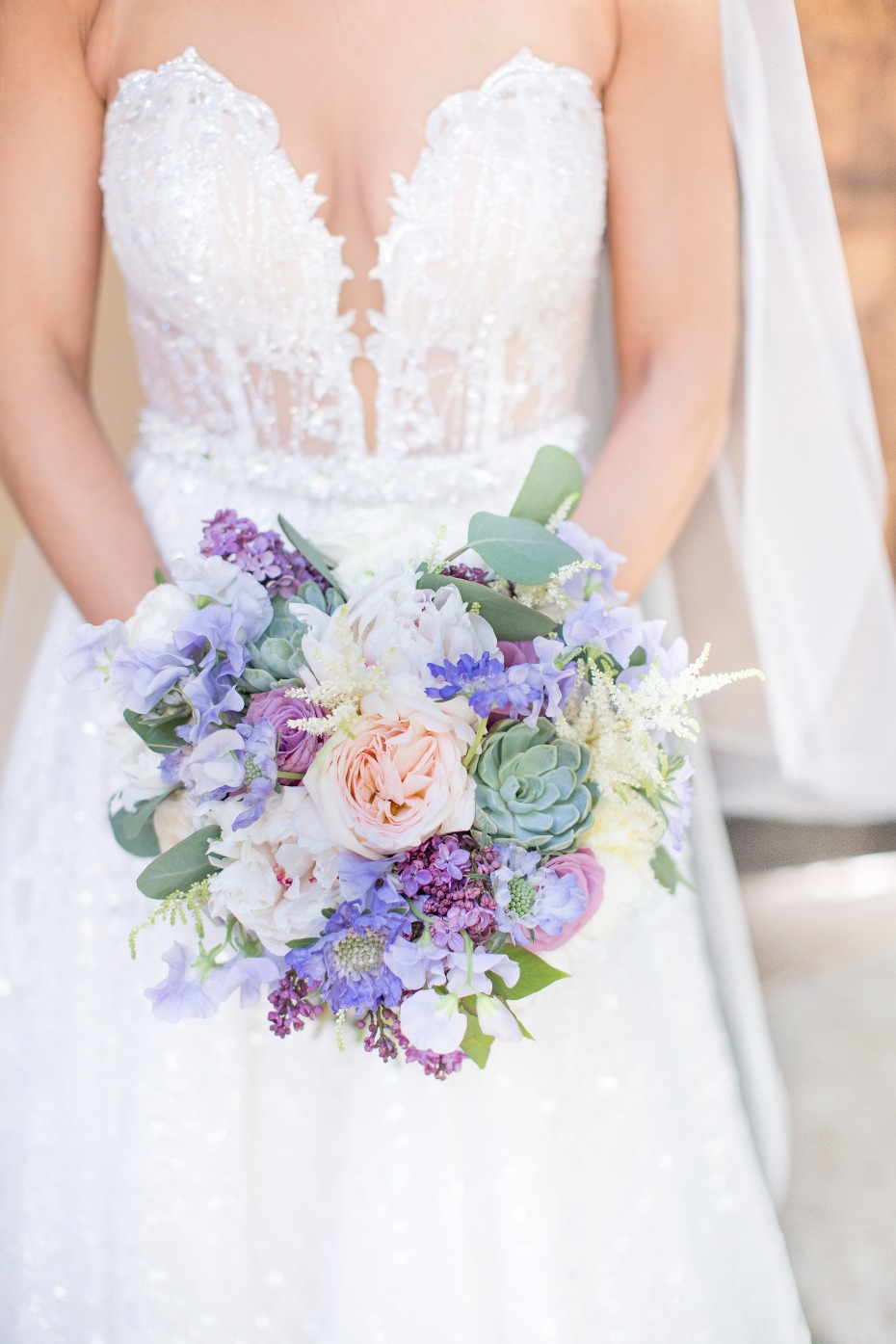 soft and elegant bouquet in blush, lavender and green