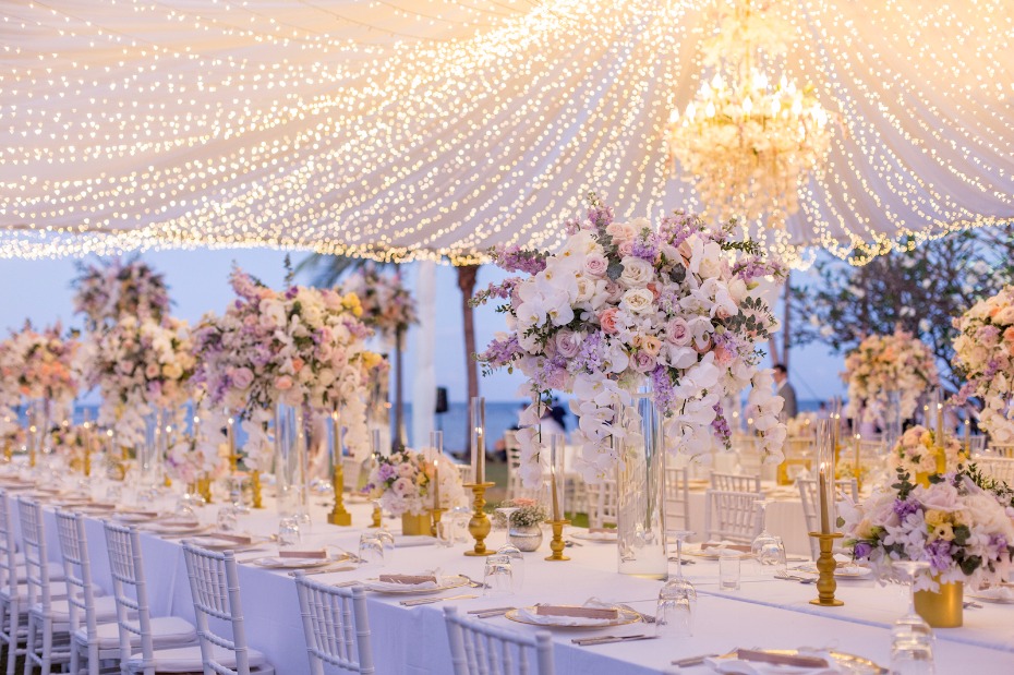 Romantic wedding reception with floral centerpieces