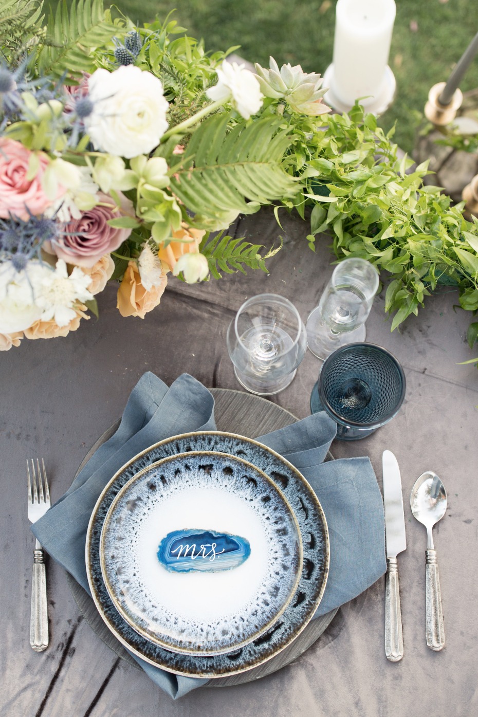 blue grey and silver wedding sweetheart table decor