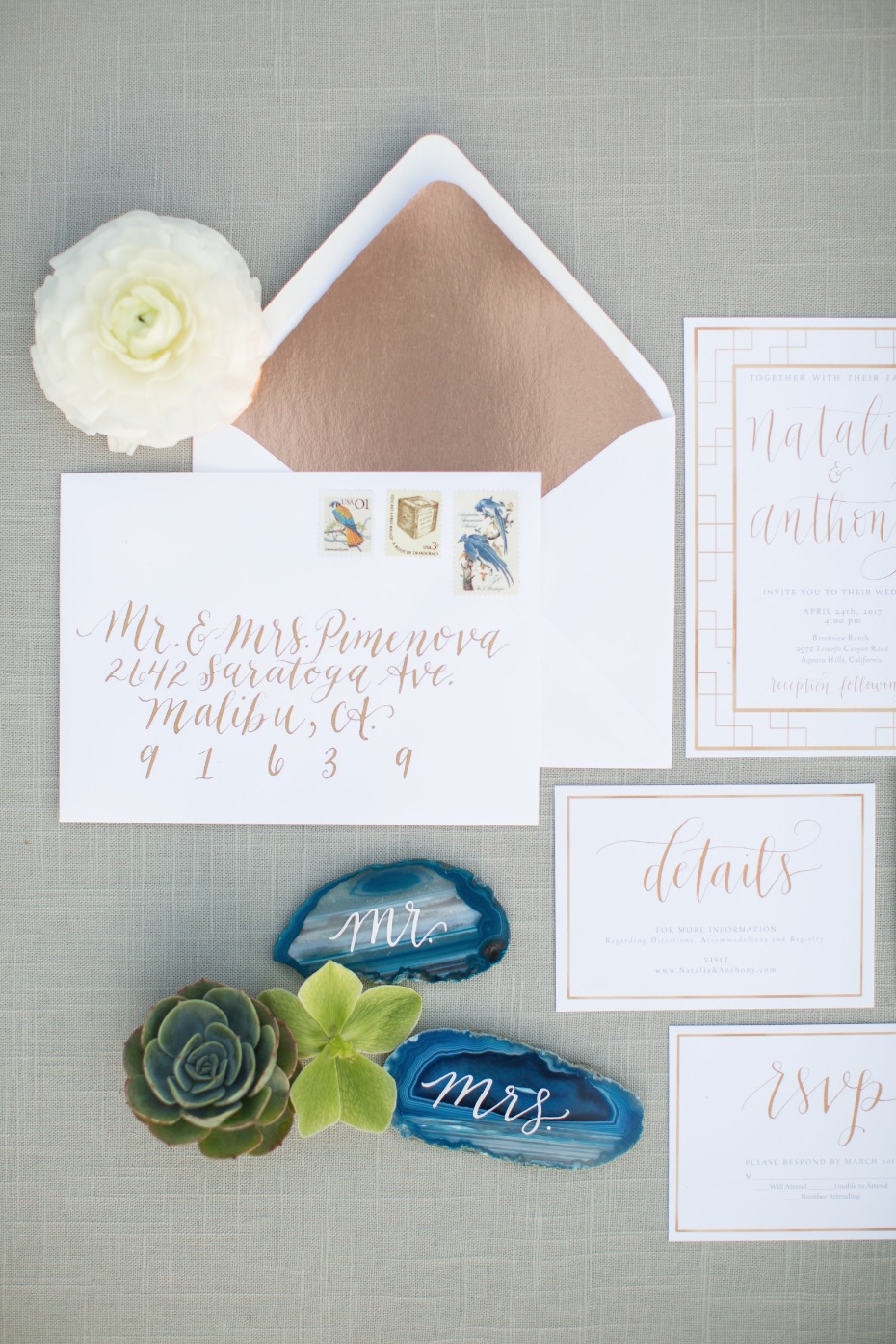 copper and calligraphy wedding invitations
