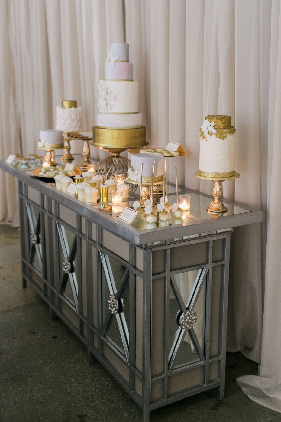 white and gold wedding dessert bar