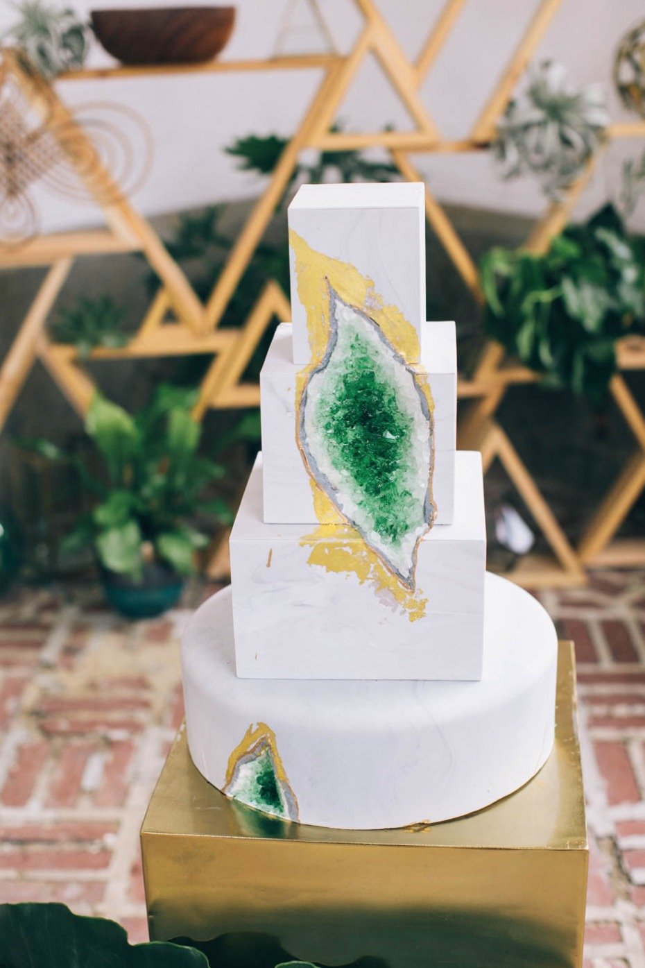 gold and green geode wedding cake