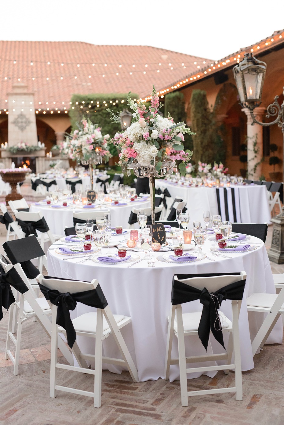 black white and lavender wedding reception