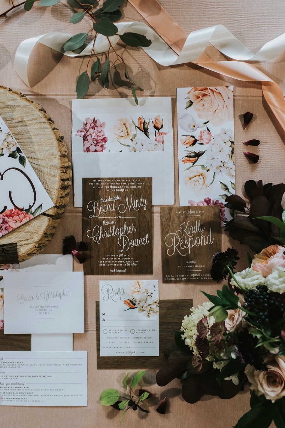 wedding invitations on thin slices of wood