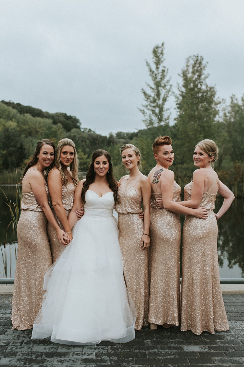 bridesmaids in gold sequins