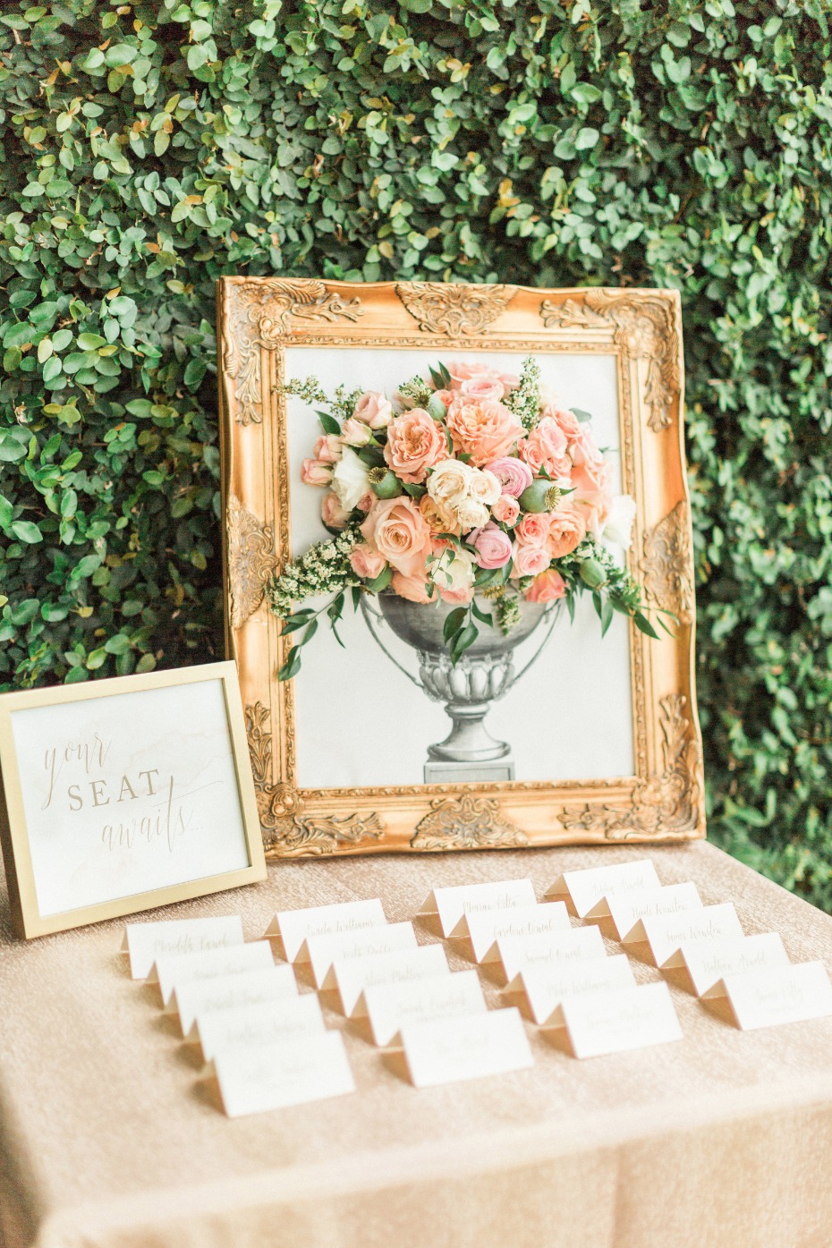 live floral wedding portrait for your escort card table