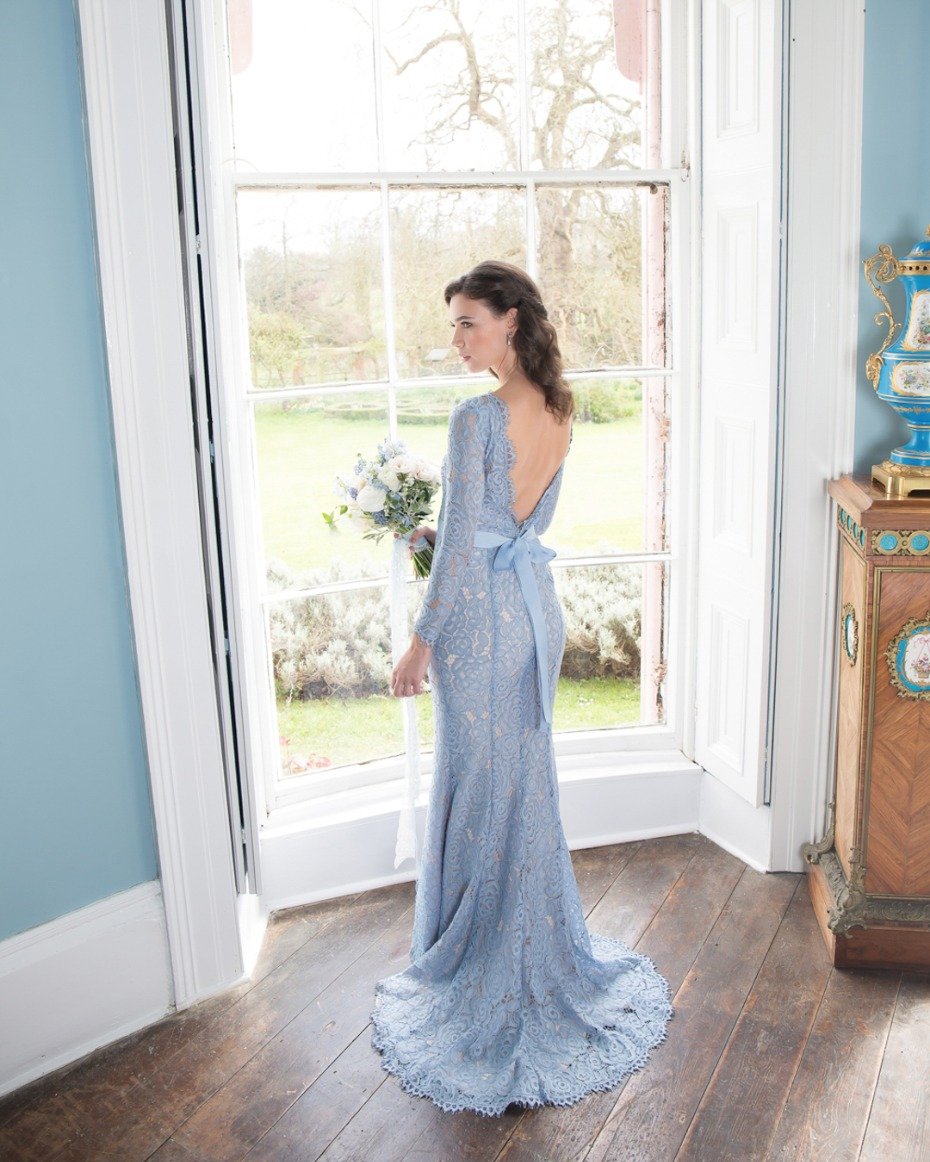 Low back blue lace gown with bow