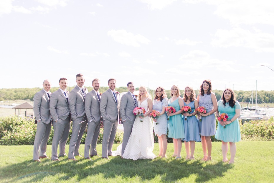 grey and shades of teal wedding party