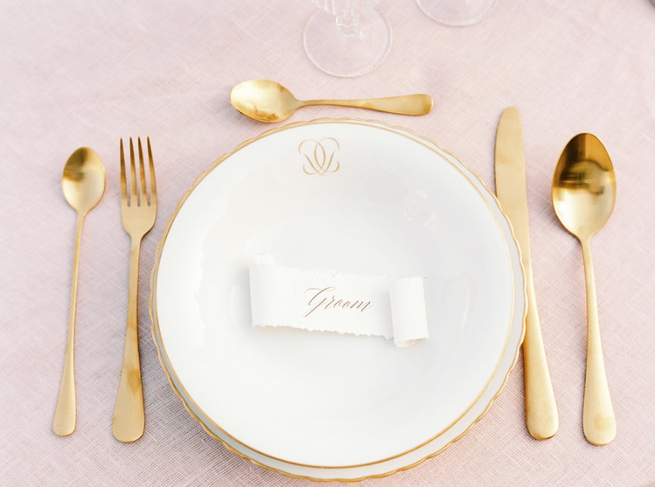 Blush and gold place setting for the groom