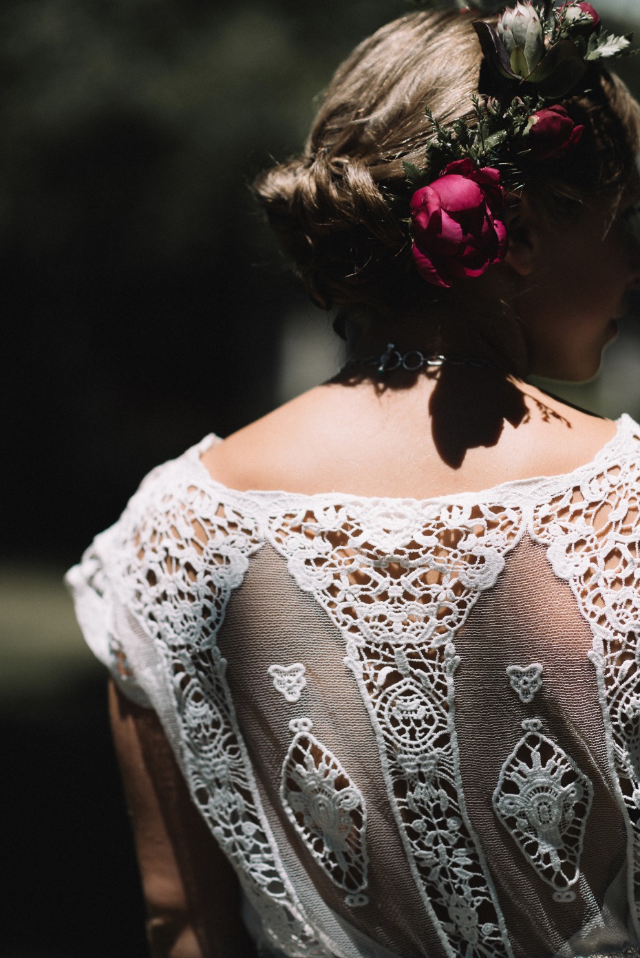 lace accented wedding dress and boho flower halo