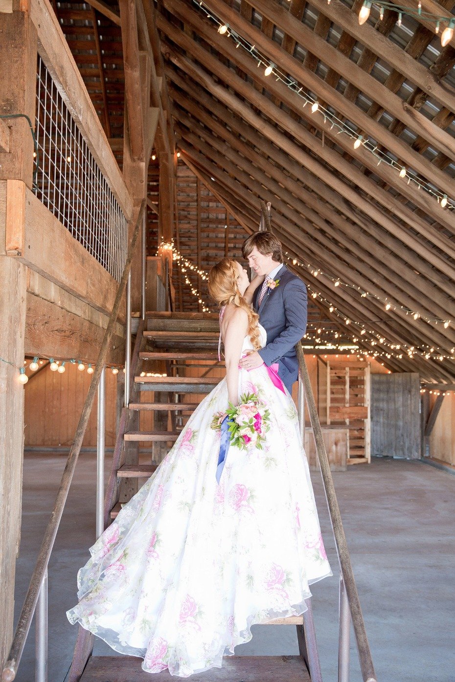 Floral wedding dress with pink bow