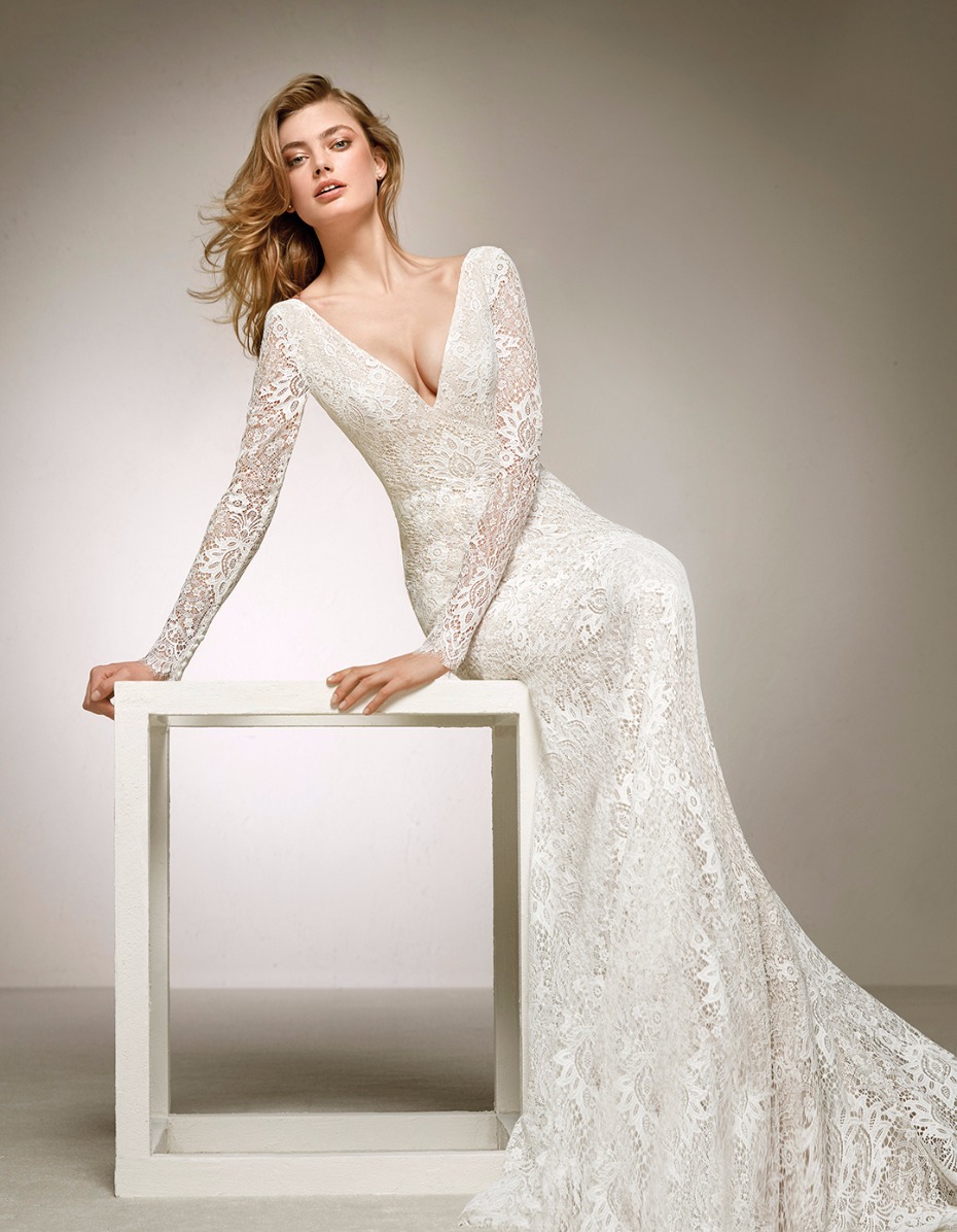 V cut lace long sleeve wedding dress from pronovias