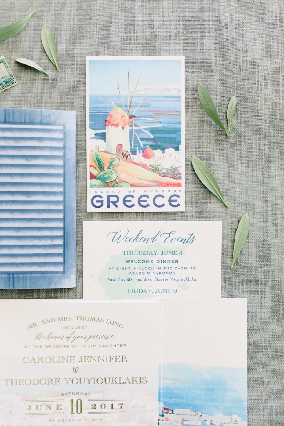 Greek island wedding invitation suite with watercolor art