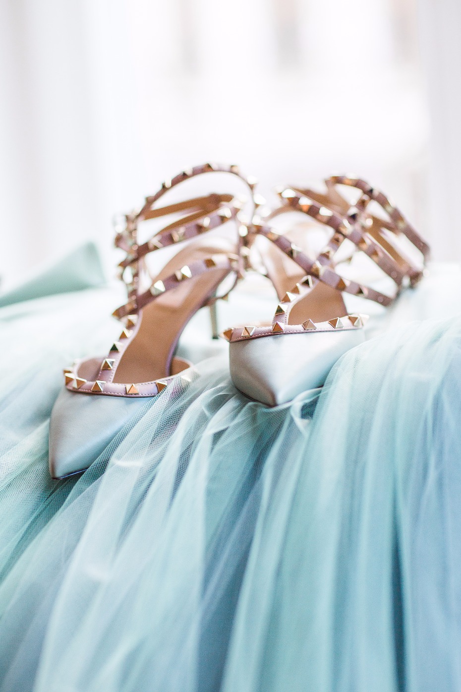 Rock studded heels and blue tulle for this winter bridal look