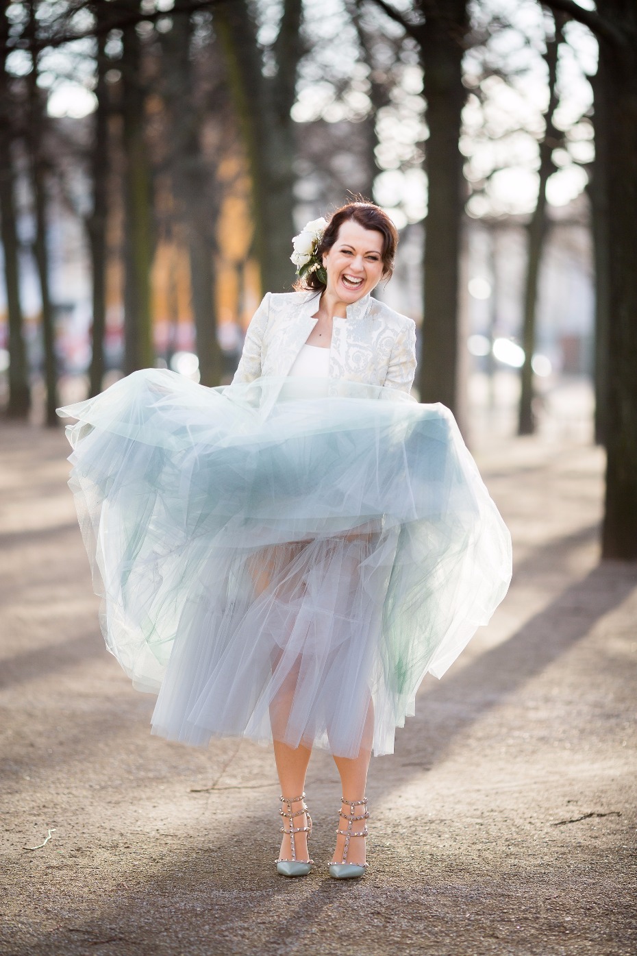 Happy bride-to-be in blue