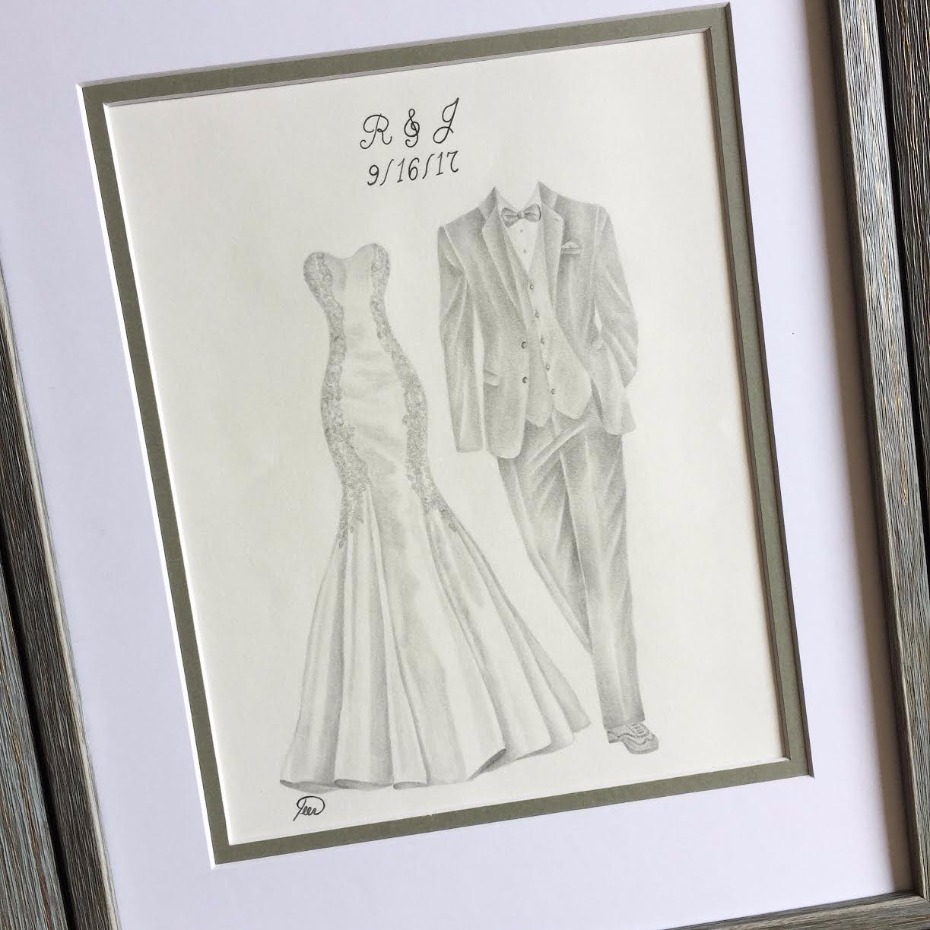 Pencil drawing of a wedding dress and suit for R and J