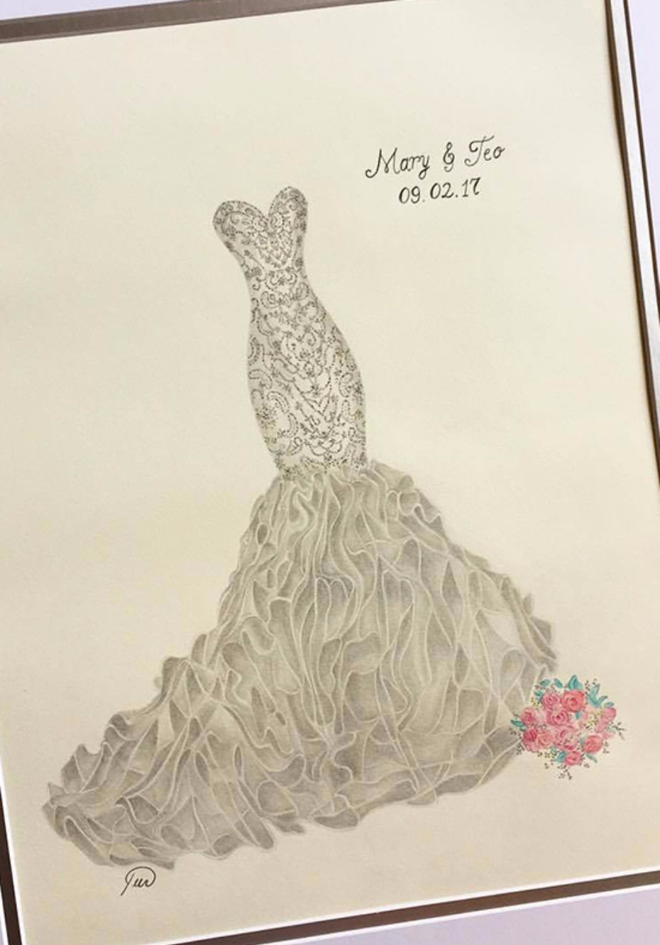 Framed wedding dress sketch with date and names