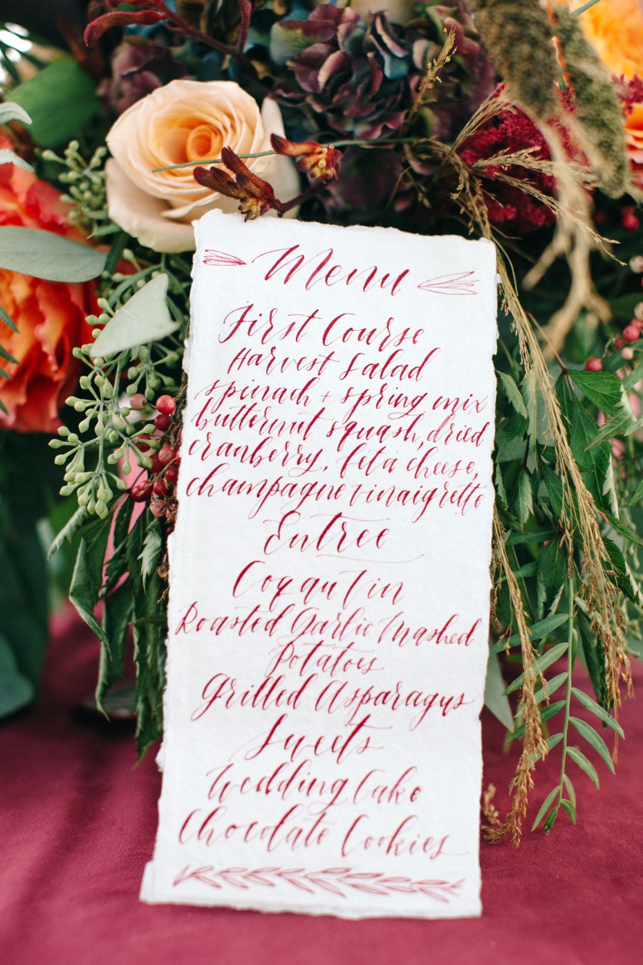 burgundy calligraphy wedding menu