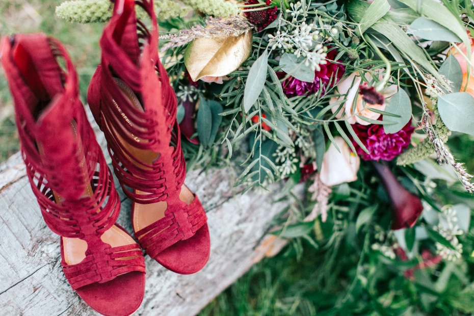 strappy wedding shoes in burgundy