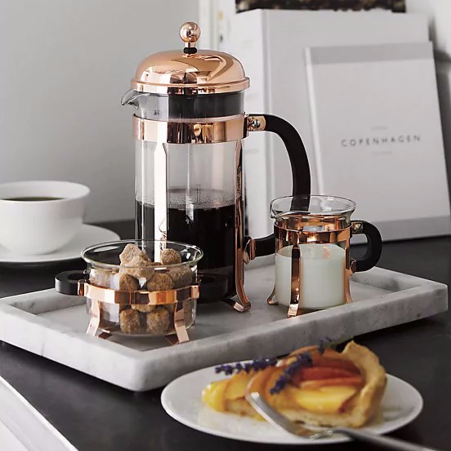 beautiful glass cream and sugar set is the perfect complement to our Bodum copper from @crateandbarrel