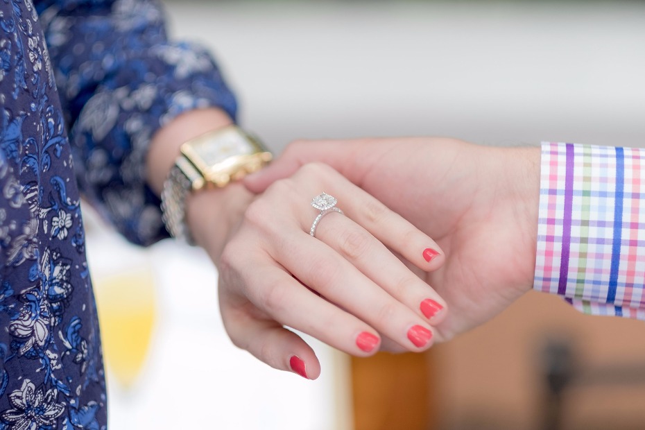 Close-up shot of a woman's hand with an engagement ring