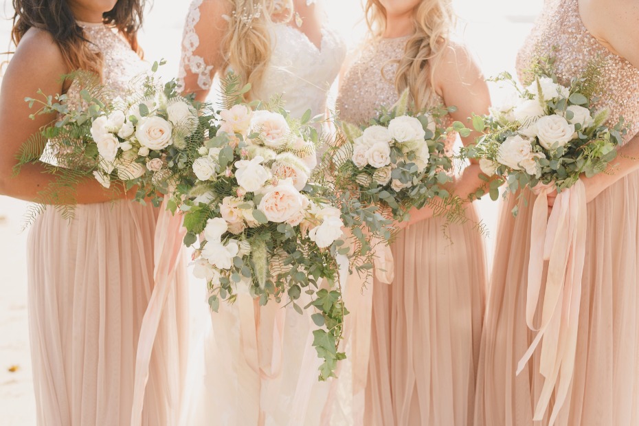 blush bridesmaids with white garden style wedding bouquets