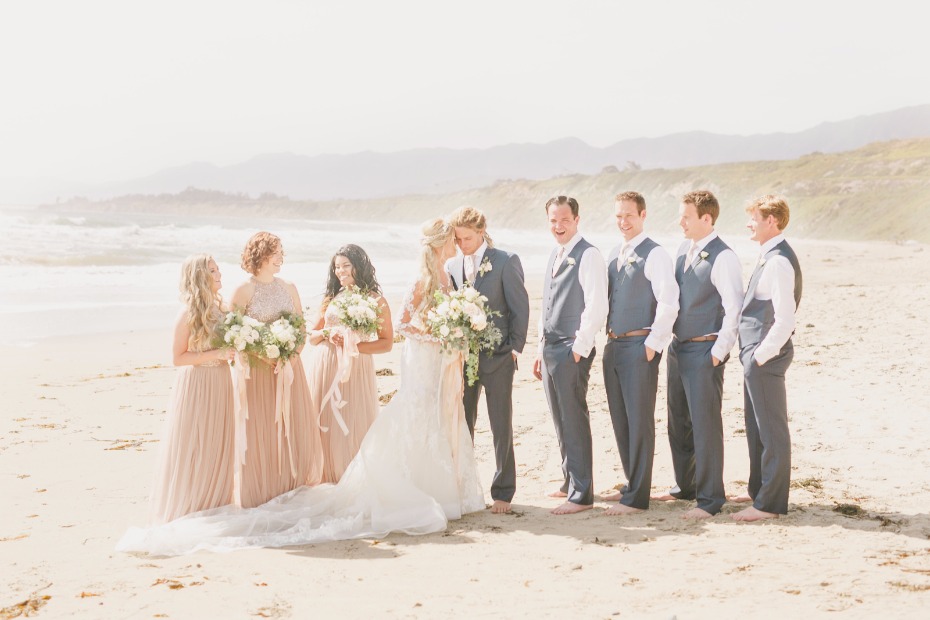 grey and blush wedding party for a beach wedding