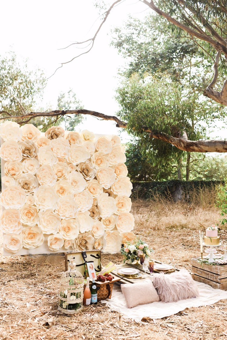 Gorgeous Blush and Gold Picnic Engagement in the Woods