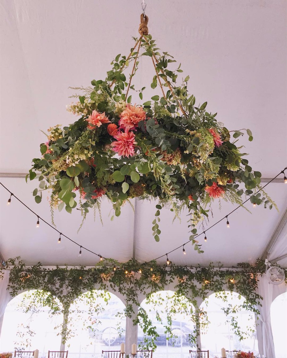 Floral chandelier with dahlia flowers wedding decor
