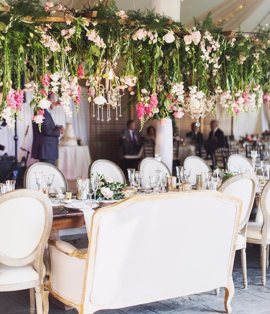 Wedding reception with floral ceiling and elegant seating